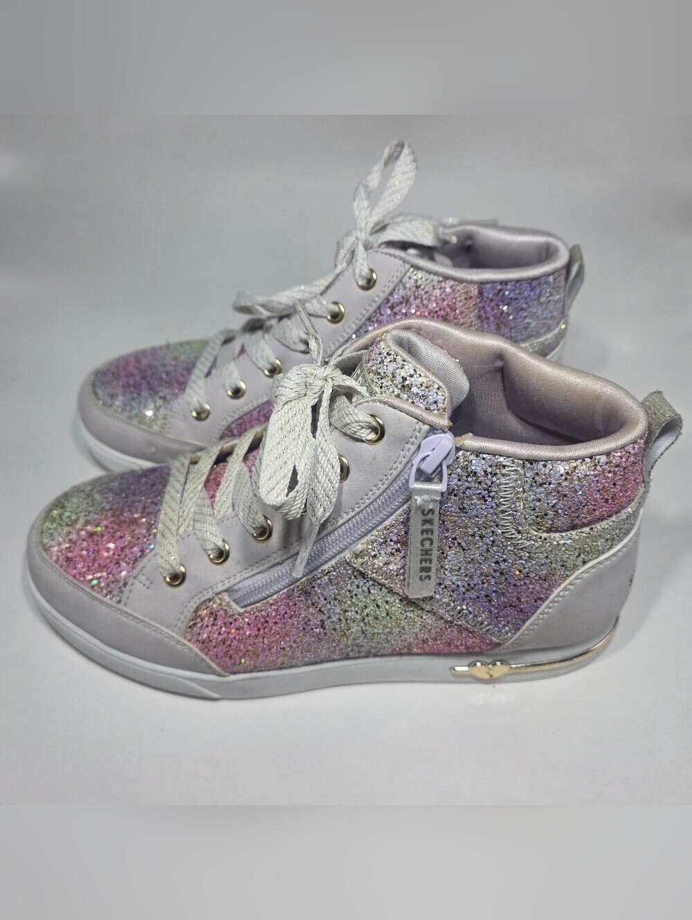 Skechers Girls Size 4.5 Glitter High Top Sneakers Side Zip Rainbow Sparkle Shoes
